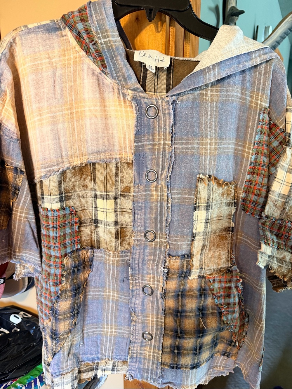 NWOT Oli & Hali Blue Plaid Hooded Patchwork Flannel Shirt